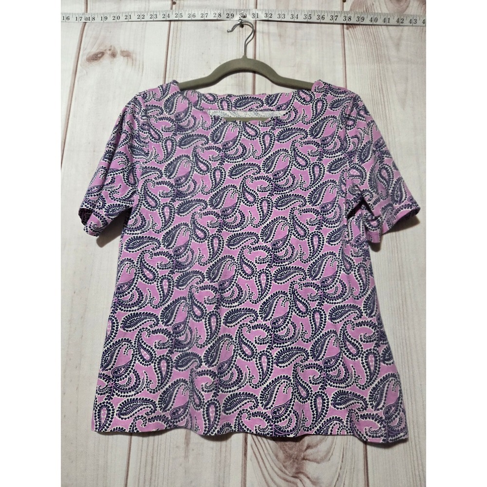 Talbots Petite Pink Navy Paisley Pima Cotton Boat Neck Short Sleeve Top MP